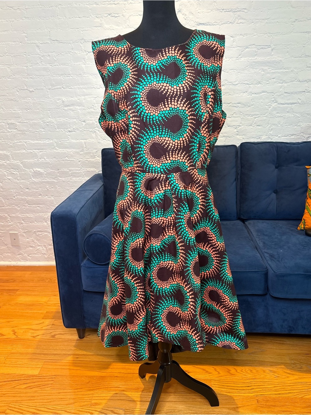 Mae Otti Sleeveless Teal & Brown Printed Fit-and-Flare Dress with High- Low Hem